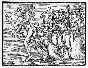 Sabbatsrituell kyss på djävulens skinkor - "Compendium Maleficarum", handlar om häxorna, deras olyckor och deras sortileges av Francesco Maria Guazzo eller Guaccio eller Guaccius (15?? -16??) 1608 privatsamling