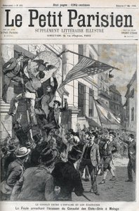 Det spansk-amerikanska kriget (American Hispano): folkmassan slet sönder märket från det amerikanska konsulatet i Malaga, Spanien 1898. Omslag till "" Le petit Parisien "" från maj 1898. av Anonymous Anonymous