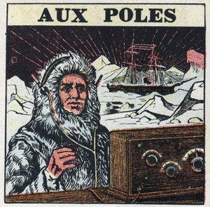 T.S.F. används i stolparna. Anonym illustration från 1925. Privat samling. av Anonymous Anonymous