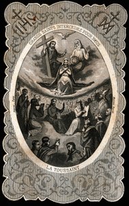Jungfru Maria med den heliga treenigheten (Gud, Jesus Kristus och den helige Andes duva). Dentelee kort. 1800-talet. Privat samling av Anonymous Anonymous