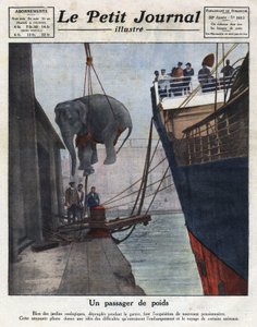 Ankomsten med båt av en elefant som förvärvats av en zoologisk trädgård av människor efter kriget. Illustration hämtad från "" Le petit journal illustrious"" av 1921-11-20. Privat samling av Anonymous Anonymous