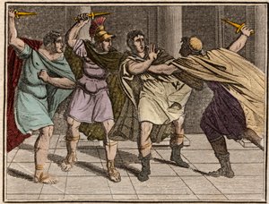 Mordet på den romerske kejsaren Julius Caesar (Jules Cesar - Giulio Cesare eller Caius Julius Caesar) den 15:e mars 44 f.Kr. - Gravyr från "" Ungdomens Rollin eller utvalda stycken av antika och romerska berättelser"" 1816 - Privat samling av Anonymous Anonymous
