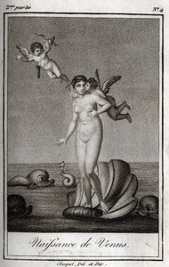 Venus födelse (Venus födelse). Gravyr från 1819 i "Lettres a Emilie sur la mythologie" av Charles Albert Demoustier (1760-1801). Privat samling. av Anonymous Anonymous