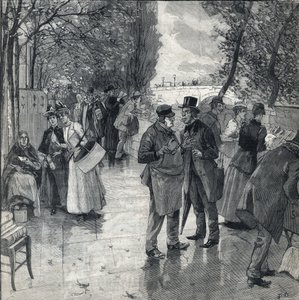 Bok-bokpromenaden på stranden av kajerna i Paris. Gravyr i "" Le petit parisien"" den 30/10/1892. Privat samling av Anonymous Anonymous