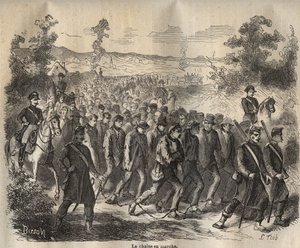 Kedjan startade i Toulon Bagne på 1800-talet. Gravyr i "Fångarnas historia från deras skapelse till idag" (1877) av Pierre Zaccone (1817-1895) (Colonia Penale - Straffkoloni). Privat samling. av Anonymous Anonymous