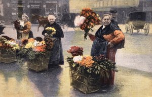 Krysantemfesten: krysantemhandlare på gatan. Gravyr. En av tidningen "" Le petit parisien"" 1910-11-20. Privat samling. av Anonymous Anonymous