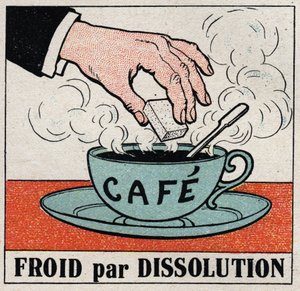 Den kalla industrin: kall genom upplösning. Att lägga ett socker i en kopp varmt kaffe gör att kaffet svalt. Anonym illustration från 1925. Privat samling. av Anonymous Anonymous