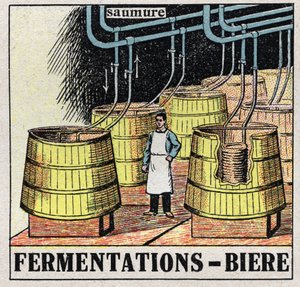 Den kalla industrin: moutjäsningar för att producera öl. Anonym illustration från 1925. Privat samling. av Anonymous Anonymous