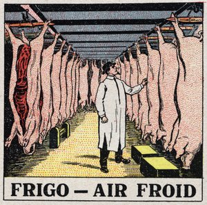 Kylindustrin: förvaring av kött i kylskåp. Anonym illustration från 1925. Privat samling. av Anonymous Anonymous