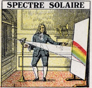 Färgerna: solspektrum studerat av Isaac Newton (1642-1727). Anonym illustration från 1925. Privat samling. av Anonymous Anonymous