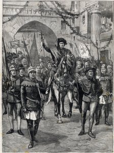 Företagens kortege på 1300-talet: Paris köpmäns prevot. Gravyr. I "" The Little Parisien"", den 18/06/1899. Privat samling. av Anonymous Anonymous