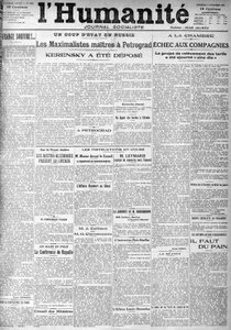 Kuppen i Ryssland på rubrikerna på den socialistiska tidningen "Humanity". Rubriker:"" Mästarnas maximalister i Petrograd", "" Kerenskij deponerades""" (Kerenski), den 9/11/1917. av Anonymous Anonymous