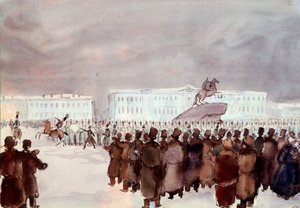 Folkmassan på Senatstorget under Decembrist-revolten 1825. Decembrist- eller Decabrist-medlemmar i ett hårt undertryckt kuppförsök organiserades i St. Petersburg den 14 december 1825 för att få en konstitution från den blivande tsaren för att modernisera r av Anonymous Anonymous