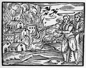 Trollkarlarnas förbannelse som bränner staden - "" Compendium Maleficarum"", handlar om häxor, deras ondska och deras sortileges av Francesco Maria Guazzo eller Guaccio eller Guaccius (15?? -16??) 1608 privatsamling av Anonymous Anonymous