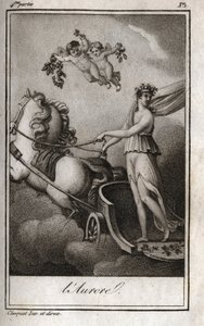 Gryningen (Apollo leder solens vagn). Allegori om soluppgången. Gravyr från 1819 i "Lettres a Emilie sur la mythologie" av Charles Albert Demoustier (1760-1801). Privat samling. av Anonymous Anonymous
