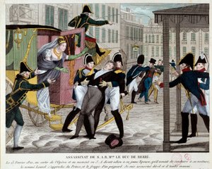 Död Charles Ferdinand de Bourbon, hertig av Berry (1778-1820) 13/02/1820 vid utgången från Royal Academy of Music Brorson till kung Ludvig XVIII mördades på operan av Louvel, en republikan som ville stänga ner kungliga dynastin. Engravi av Anonymous Anonymous