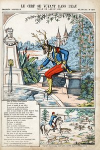 Rådjuren ser sig själva i vattnet. Anonym illustration för Les Fables av Jean de LA FONTAINE (Lafontaine) (1621-1695). Avbildning av Pont-a-Mousson, ca 1880. Privat samling. av Anonymous Anonymous