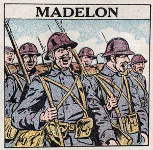 Musikens effekter: den franska låten "La Madelon"" ger mod till militären. Anonym illustration från 1925. Privat samling. av Anonymous Anonymous