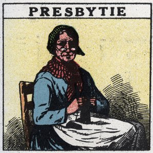 Ögat: person som lider av presbyopi. Anonym illustration från 1925. Privat samling. av Anonymous Anonymous