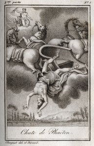 Fallet av Phaeton Phaeton (Phaethon), oförmögen att kontrollera Helios-tanken, träffades av Zeus och föll i Eridanfloden. Gravyr från 1819 i "Lettres a Emilie sur la mythologie" av Charles Albert Demoustier (1760-1801). Privat samling. av Anonymous Anonymous