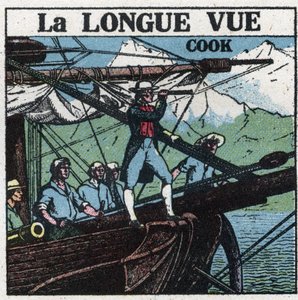 De första optiska instrumenten: Kapten James Cook (1728-1779), vid fören på sin båt, observerar de södra länderna på lång sikt. Anonym illustration från 1925. Privat samling. av Anonymous Anonymous