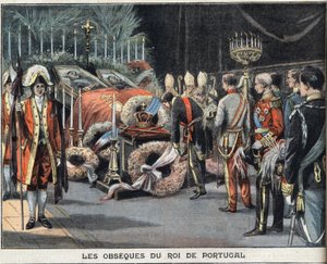 Den portugisiska kungen Karl I:s (1863-1908) obseques dog mördad den 1 februari 1908. Gravyr från tidningen "" Le Peute Parisien"", 1908-02-23. Privat samling. av Anonymous Anonymous