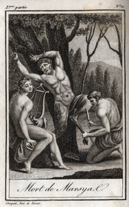 Straffet eller döden av Marsyas (The Punishment of Marsyas) straffas för att ha trotsat Apollo till lyran och spärras av bågskytten i närvaro av kung Midas och muserna. Gravyr från 1819 i "Lettres a Emilie sur la mythologie" av Charles av Anonymous Anonymous