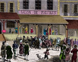 Salongen för vaxfikon boulevard du temple i Paris på 1700-talet grundad av Curtius, Gravyr, Privat samling av Anonymous Anonymous