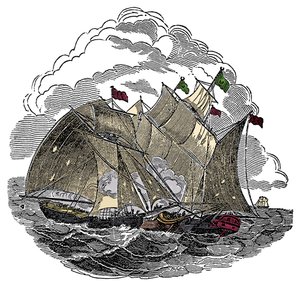 Piratens skepp Henry Every (John Avery, Long Ben, Benjamin Bridgeman) (? -1695) attackerade i september 1695 flottan av den store Mughal Aurangzeb Aurangzeb (Alamgir) utanför Surate, Indien Gravyr från "The Pirates Own Book" av Charles Ellms av Anonymous Anonymous