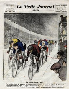 Sexdagarsloppet: Piet van Kempen (1898-1985), Alfred Grenda, Seres och Maurice Brocco (1883-1965) under sprinten. Gravyr i Le Petit Journal illustre, den 16/04/1922 av Anonymous Anonymous