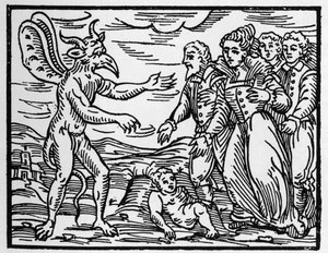 Trollkarlarna som presenterar ett barn för djävulen - "" Compendium Maleficarum"", handlar om häxor, deras ondska och deras sortileges av Francesco Maria Guazzo eller Guaccio eller Guaccius (15?? -16??) 1608 privatsamling av Anonymous Anonymous