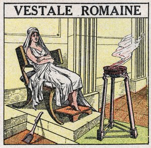 Ljuskällorna: en vestal i Romarriket för att upprätthålla en helig eld som aldrig får kunna släckas. Anonym illustration från 1925. Privat samling. av Anonymous Anonymous