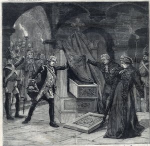 Källarscenen i pjäsen "" Katarina av Ryssland"" på teatern för Cathelet Paul Ginisty (1855-1932) och Charles Samson (1894-1895). Gravyr i "" Le Petro Parisien"" av Anonymous Anonymous