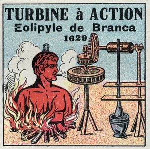 Ångmaskinen: turbinen har action. Eolipyle uppfunnen av Giovanni Branca (1571-1645) 1629. Anonym illustration från 1925. Privat samling. av Anonymous Anonymous
