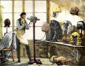 Peruken styling en peruk av en catogan, herrfrisör. Gravyr från spegelshower, brev, mediciner etc. Konsten”” 1821-1823 Privat samling av Anonymous Anonymous