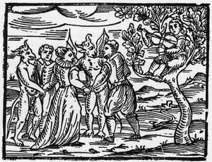 Häxorna på sabbaten som dansar till ljudet av fiolen - "Compendium Maleficarum", handlar om häxorna, deras ondska och deras sortileges av Francesco Maria Guazzo eller Guaccio eller Guaccius (15?? -16??) 1608 privatsamling av Anonymous Anonymous