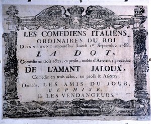 Teateraffisch som presenterar stycket "The dot" och "The jealous lover"" framfört av italienska komiker, 1788-09-01. Paris. Carnavalet Museum av Anonymous Anonymous