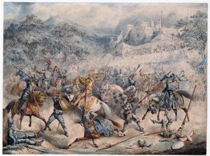 Tournoi (Moyen age) - Tournament of mounted ridders - Anonym - 1840 - Färglitografi - 20,3x30,5 - Privat samling av Anonymous Anonymous