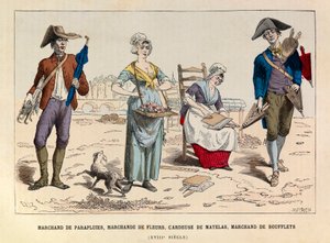 Paraplyhandlare, blomsterhandlare, madrasskardare och bälghandlare i Paris på 1700-talet - Paraplyförsäljare, blomstersäljare, kardnings- och bälgförsäljare på 1700-talets Paris - privat samling av Anonymous Anonymous