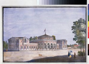 En järnvägsstation och en fransk restaurang i Catharinhof (Järnvägsstation och fransk restaurang i Catharinhof). Anonym litografi, akvarellfärgad, 22 x 33 cm av Anonymous Anonymous