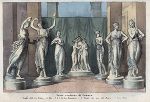 Olika skulpturer av Canova - De tre gracerna - Hebe - De tre gracerna som dansar - Venus Italica - Musa - gravyr från "" Seder och traditioner för alla folk i universum. Det är historien om regeringen, om lagarna, om milisen, om allas religion av Anonymous Anonymous
