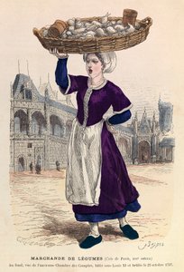 Grönsaksförsäljare i Paris på 1500-talet (i bakgrunden, vy av fd räkenskapskammaren, batie under Ludvig XI och brulee den 27 oktober 1737) - Grönsaksförsäljare av Anonymous Anonymous