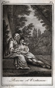 Vertumne och Pomone (Jupiter och Ceres): Vertumne, förälskad i nymfen Pomone, klär ut sig som en gammal kvinna för att närma sig henne. Gravyr från 1819 i "Lettres a Emilie sur la mythologie" av Charles Albert Demoustier (1760-1801). Privat samling. av Anonymous Anonymous