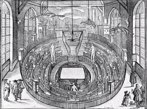 Utsikt över en anatomisk teater troligen vid Leiden University i början av 1600-talet (gravyr) av Anonymous Anonymous