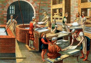 Vy över en papperstillverkningsverkstad i Fabriano på 1500-talet, Italien. De olika stegen. Illustration. Privat samling - En papperstillverkningsworkshop i Fabriano (Italien) av Anonymous Anonymous