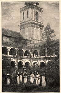 Utsikt över Dominikanska klostret i Quito, Ecuador. Gravyr i "The Catholic Missions in the XIXth Century"" av Louis-Eugene (Louis Eugene) Louvet. privat samling. av Anonymous Anonymous