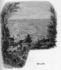 Utsikt över staden Milano (Milano), Italien. Gravyr av 1859 i "" les galeries de l