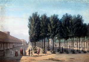 Utsikt över Paisibles innergård vid Bicetres hospice. De psykiskt sjukas promenad på sjukhuset 1824. Anonym gouache. Paris, Musée Carnavalet av Anonymous Anonymous