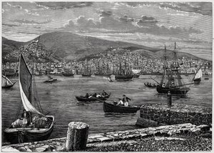 Utsikt över ön Syra i Grekland. Gravyr i "The Catholic Missions in the XIXth Century"" av Louis-Eugene (Louis Eugene) Louvet. privat samling. av Anonymous Anonymous
