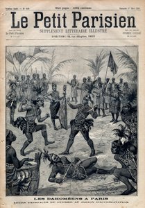 Krigsövningar: Amazoner, krigare och feticheurs dahomeens (nu Benin) från acklimatiseringens trädgård i Paris (Human Zoo). Gravyr i "" Le petit Parisien"" från 1891. Privat samling. av Anonymous Anonymous